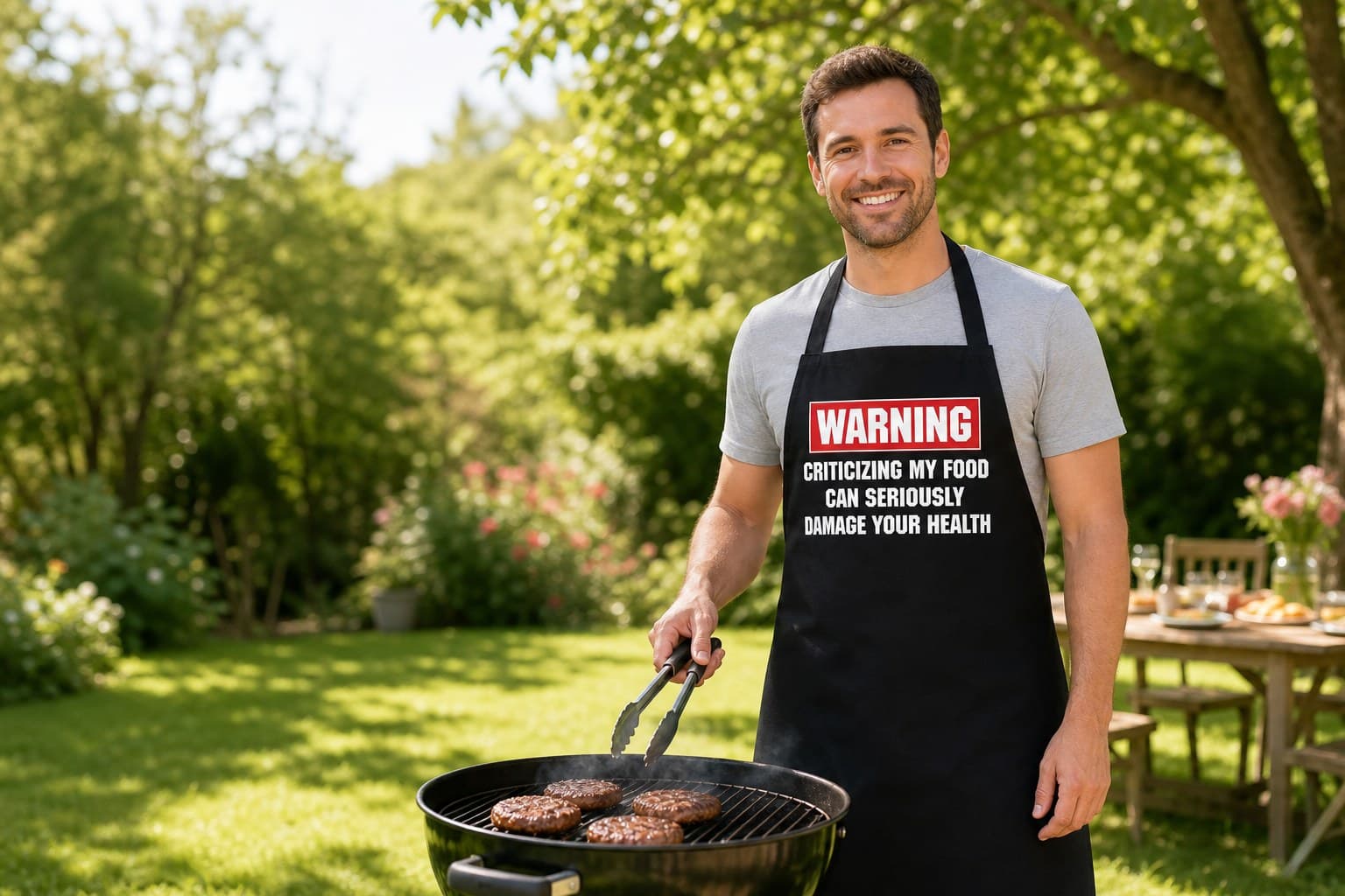 At the grill in the Warning: Criticizing My Food apron – TshirtPlease